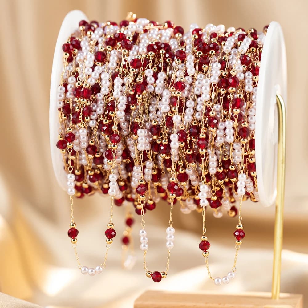 50 cm/100 cm Imitation Pearl Copper Chain Red Glass Beads Bracelet DIY Necklace Supplies for jewelry creation