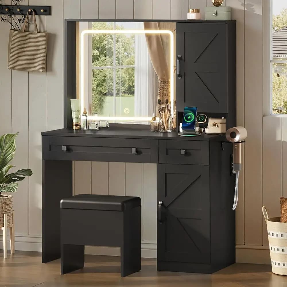 LED Mirror Vanity Desk with Charging Station, Adjustable Lighting, Wooden Construction, Hair Dryer Holder & Stool