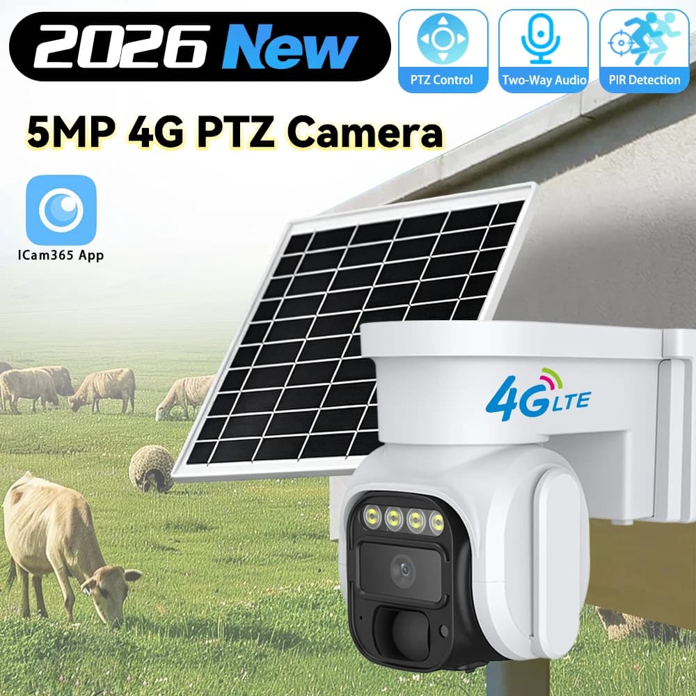 Telecamera PTZ Solare 5MP con Rilevamento PIR, Audio Bidirezionale, Batteria Integrata, Sicurezza Esterna, CCTV HD, Rete 4G SIM, Telecamera ICam365
