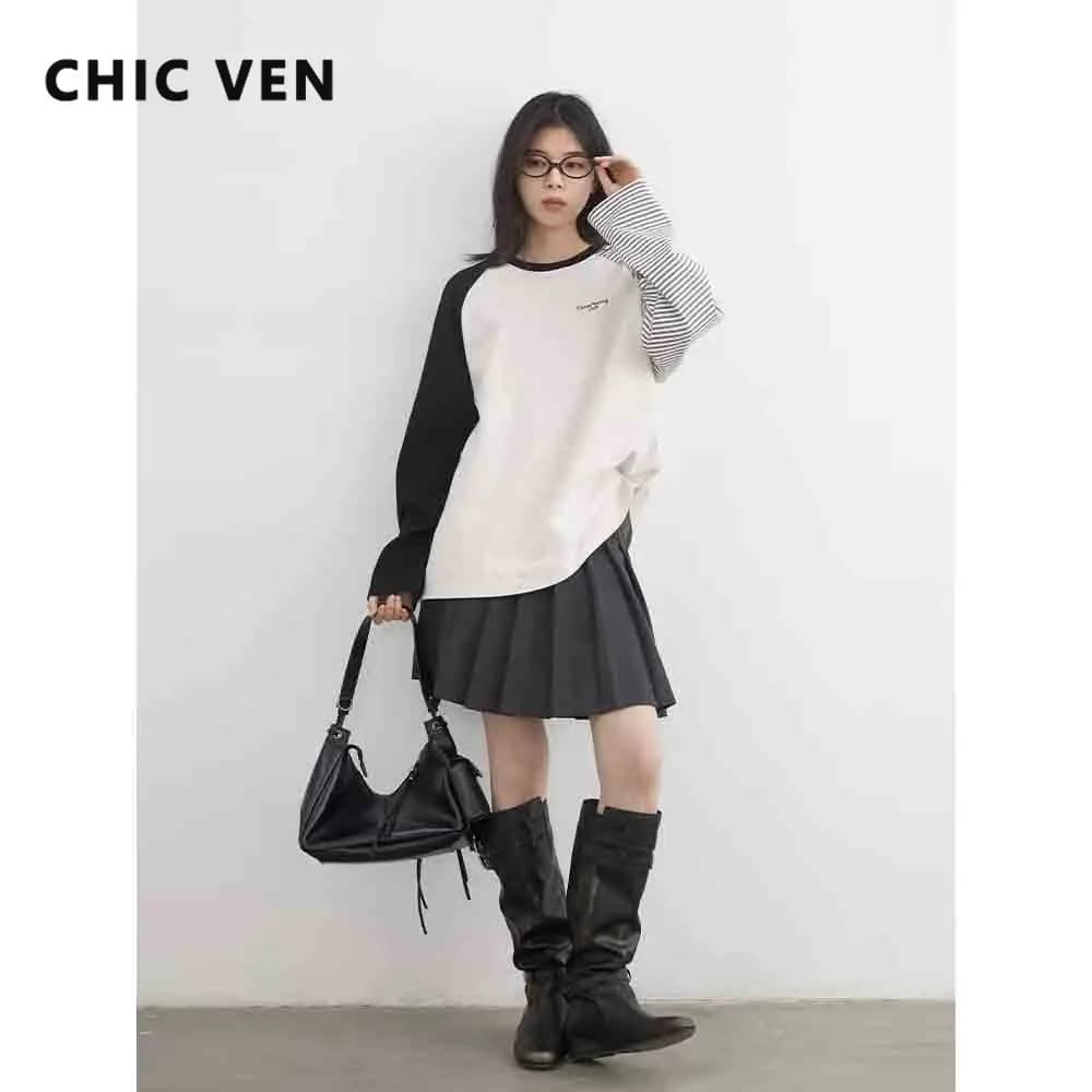 CHIC VEN Women T-Shirts Korean Contrast Splicing Design Casual Loose O-Neck Pullovers Fashion Lady Clothes Autumn Winter 2026