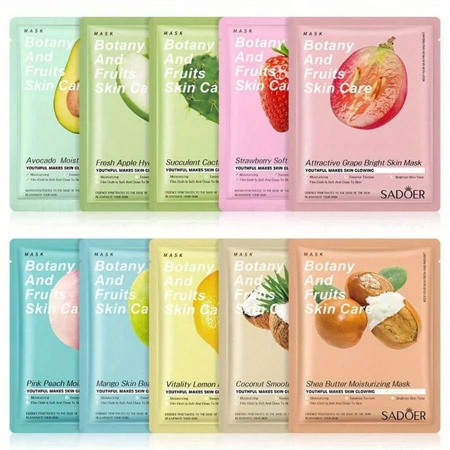 Set of 10 masks in botanical and fruit leaves | Pack of varieties for skin care of moisturizing and refreshing face