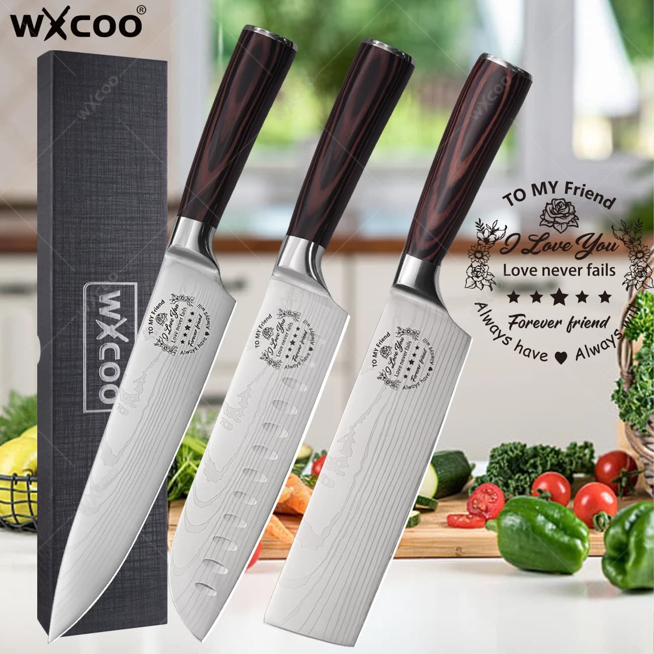 WXCOO TO MY Friend-kitchen Knives 5CR15 High Carbon Stainless Steel Cleaver Slicer Santoku Chef Knife Cutter with Gift Box