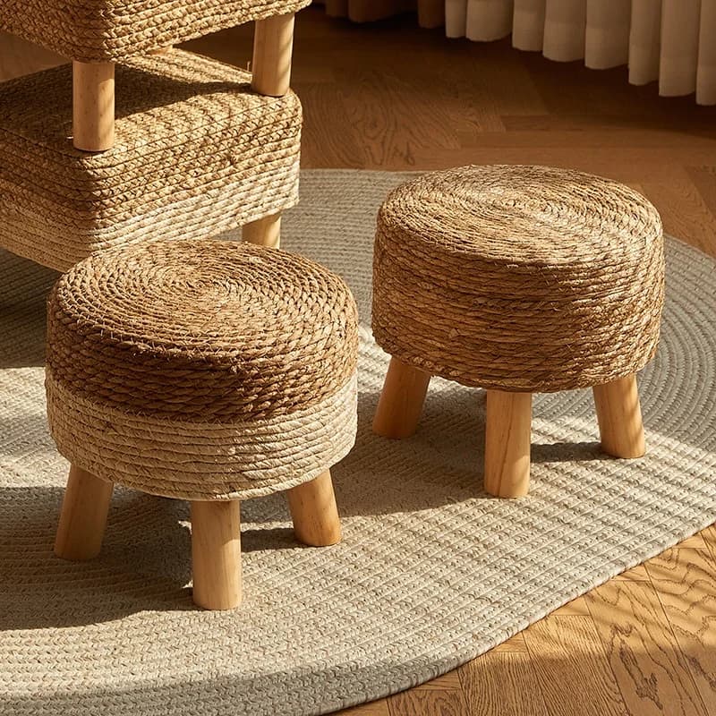 Sgabello Rotondo Piccolo Naturale per Ingresso, Seduta Spessa per Cambio Scarpe, Sedia Intrecciata a Mano, Sgabello in Erba Intrecciata per Arredamento Casa