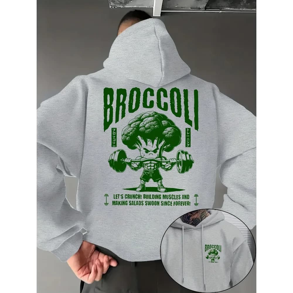 Front Small Logo Back Muscular Broccoli Weightlifting Cartoon Graphic White Oversized Unisex Hoodie Streetwear Pullover