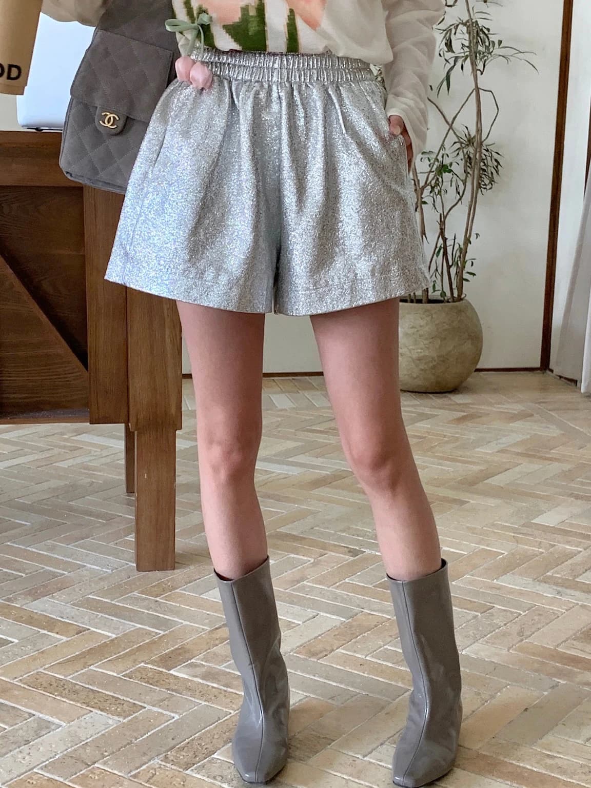 Pantaloncini ISTYNI in Pelle PU Argento a Vita Alta e Gamba Larga, Casual e Versatili, Effetto Snellente, Nuovi Arrivi, in Misto Cotone da Donna