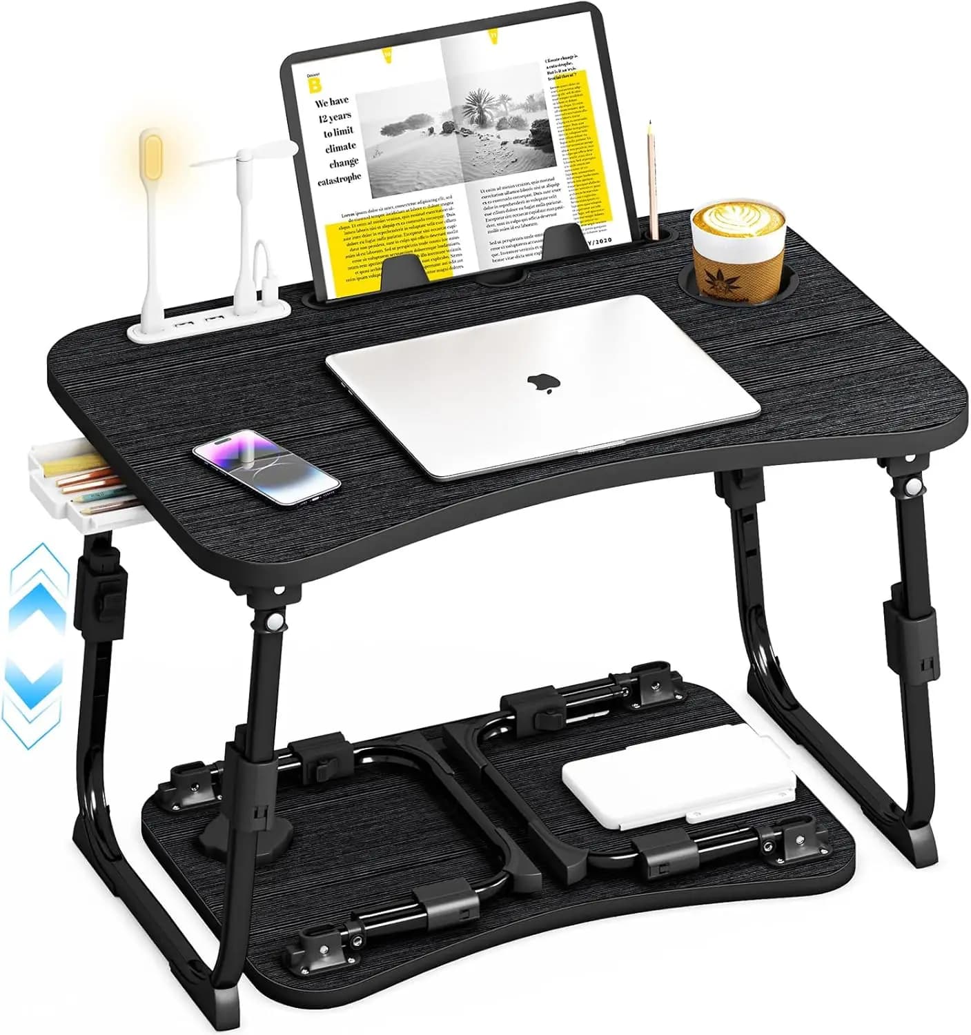 Tavolino da Letto Regolabile in Altezza, Pieghevole con Cassetto Portaoggetti, Slot per Tablet e Portabicchieri, Supporto Portatile per Laptop