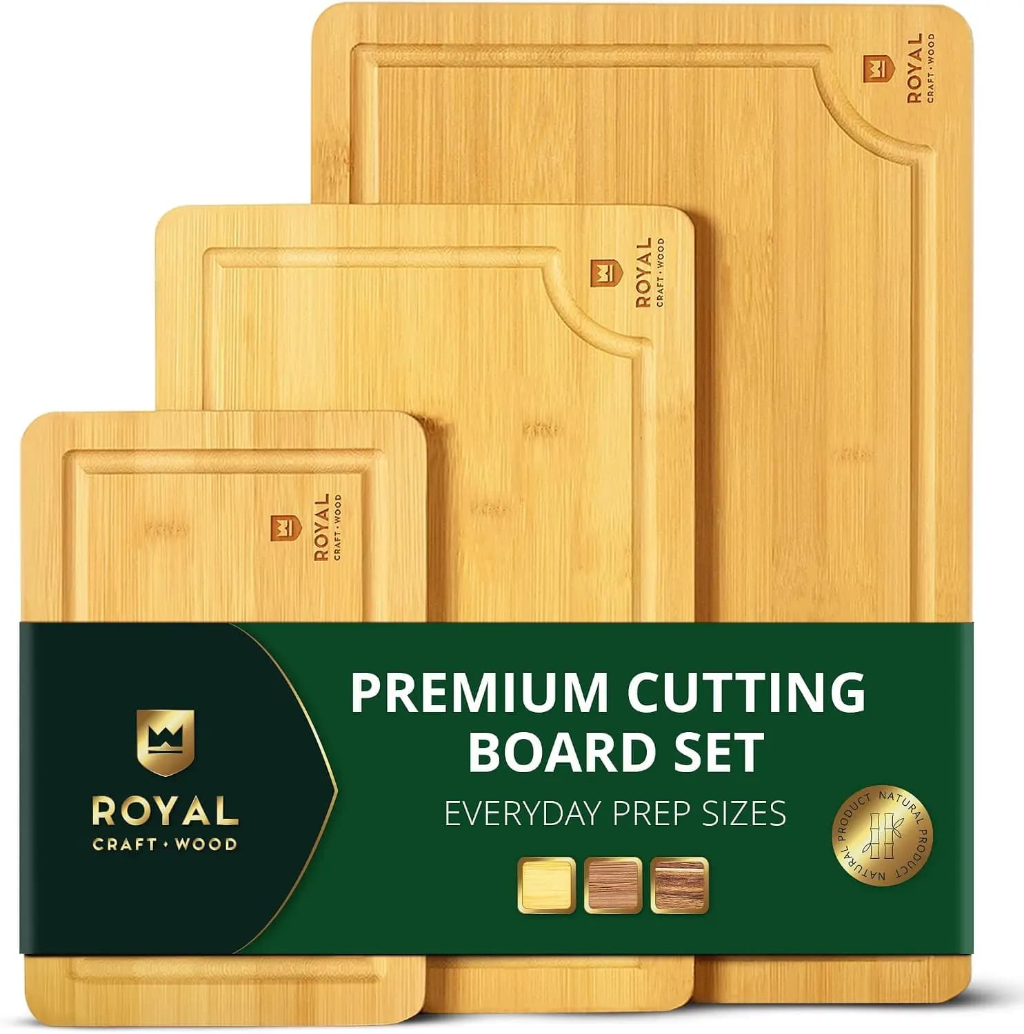 Wooden cutting board for kitchen meal preparation and serving - Bamboo wood cutting board set with deep juice trough side handle - Meat deli and chopped butcher pieces