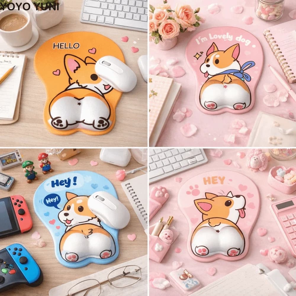 Comodo tappetino per mouse a forma di Corgi, antiscivolo, design ergonomico, supporto per polso in silicone, tappetino per mouse con animali carini per uomo e donna