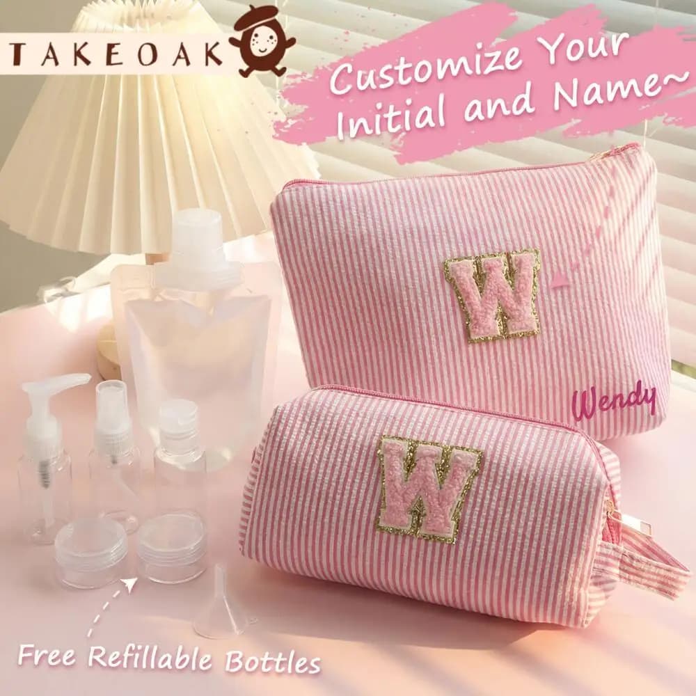 2Pcs Personalized Custom Chenille Name Striped Cosmetic Case with Travel Refill Bottles Portable Large Capacity Makeup Wash Bag