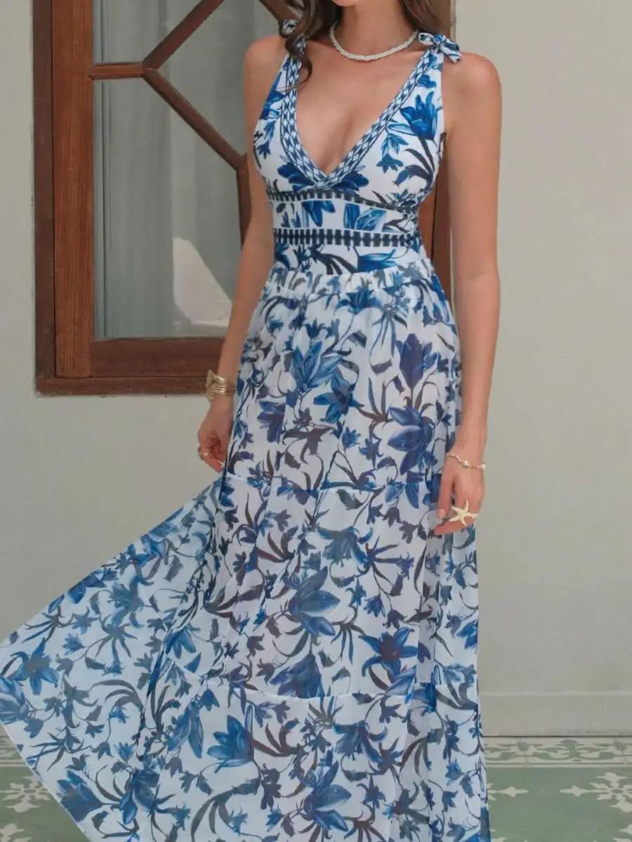 Costume da bagno intero blu floreale con scollo a V e gonna fluida trasparente, vestito estivo da spiaggia senza schienale per donna