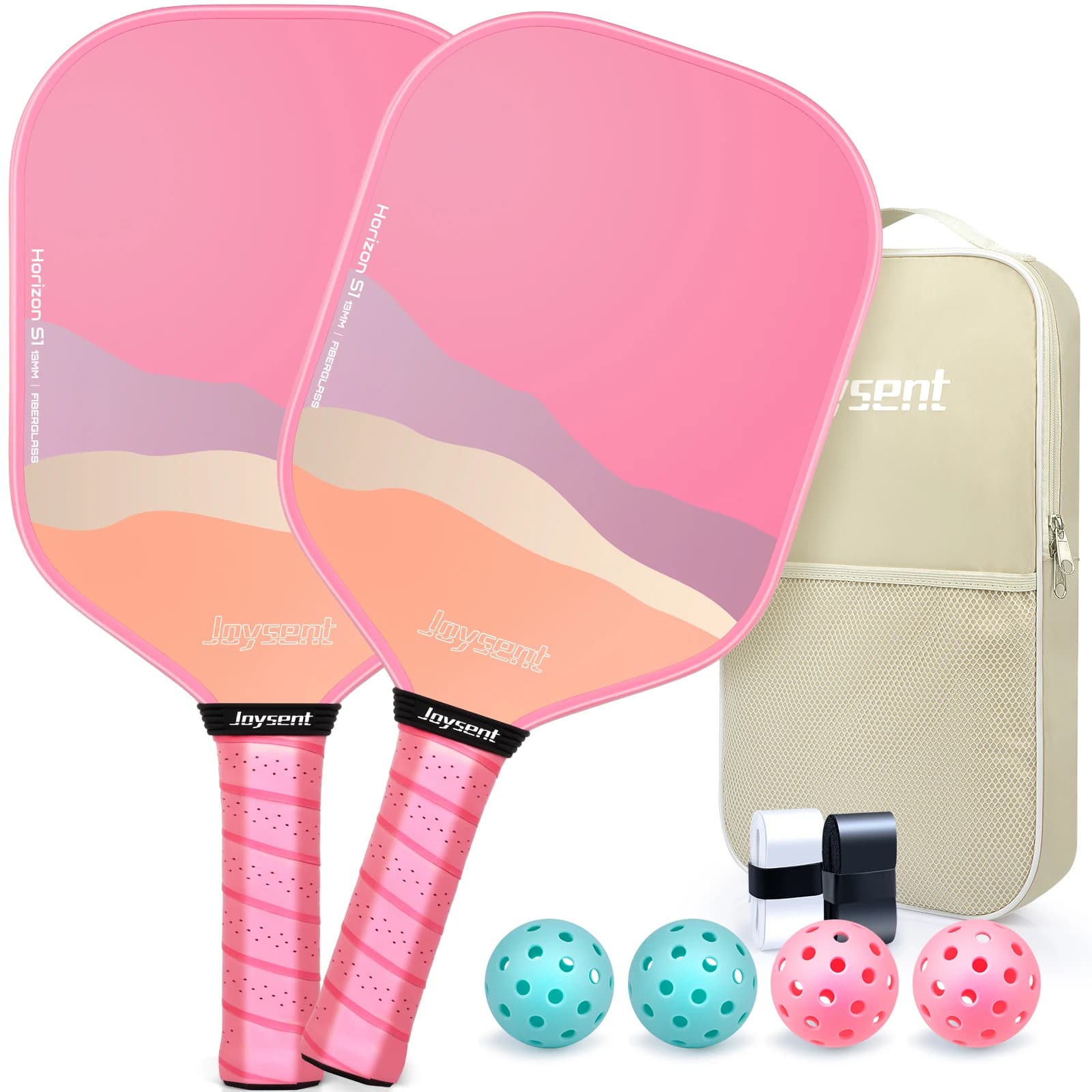 Joysent pickleball set in fiberglass with 13 mm honeycomb core for men, women and beginners, with 2 rackets, 4 balls and 2 swivel bands