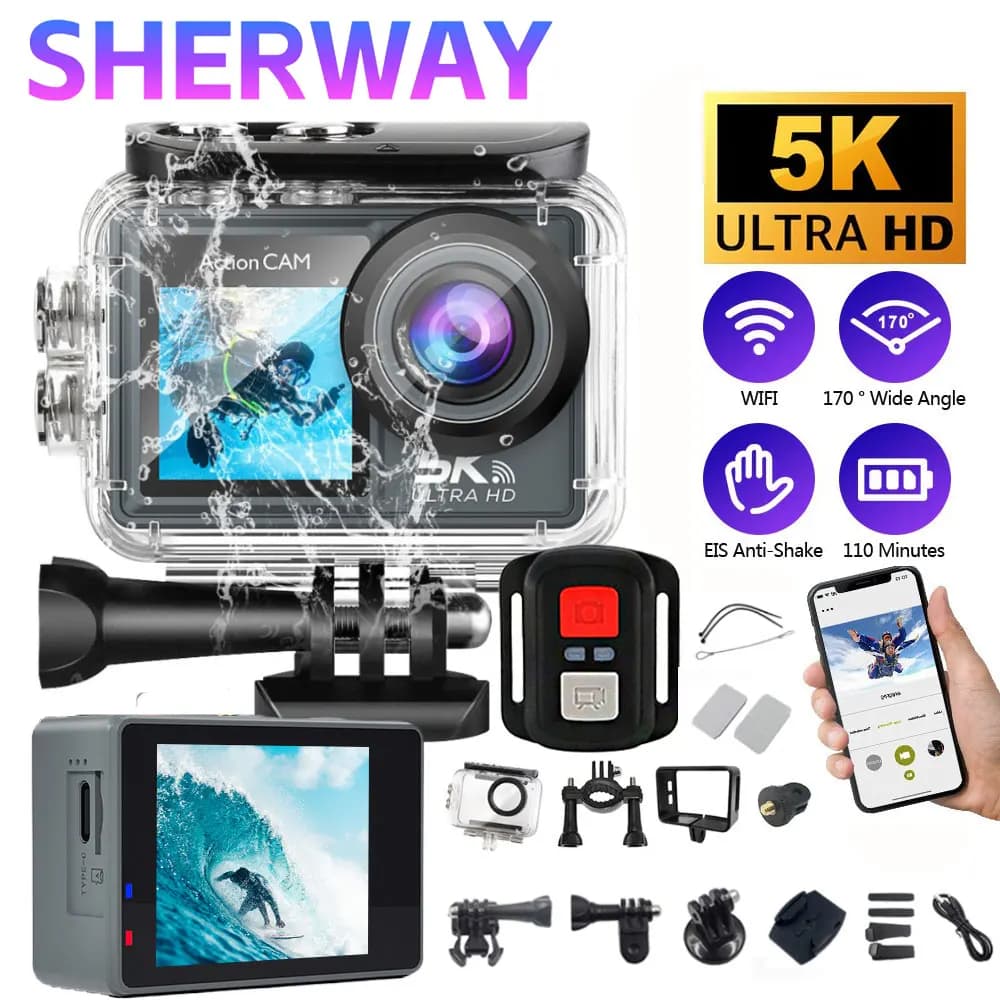 5K Action Camera Pro WiFi Telecamera sportiva con telecomando con EIS HD 1080P 60FPS Biciclette Moto Casco Videocamere di registrazione