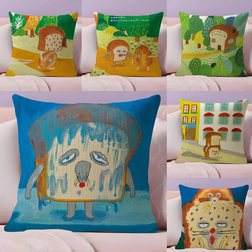 Book B-Bread thief pillow cover in natural linen, organic fabric, front-back printing, sofa and home decoration, breathable pillow for bed