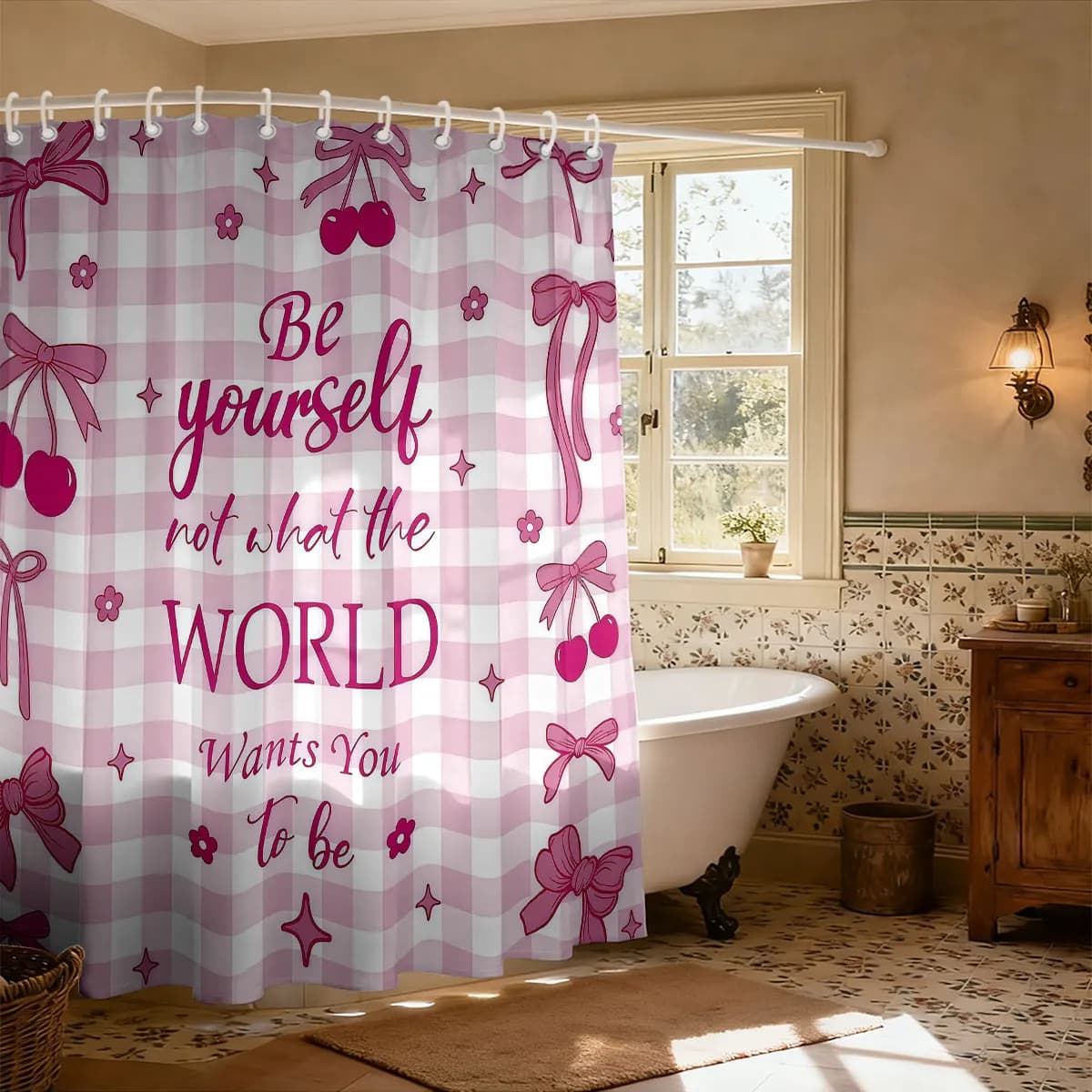 Tenda da doccia con stampa fiocco rosa, 1 pezzo, con diverse misure, tenda divisoria per la privacy con 12 ganci, decorazione per bagno di casa