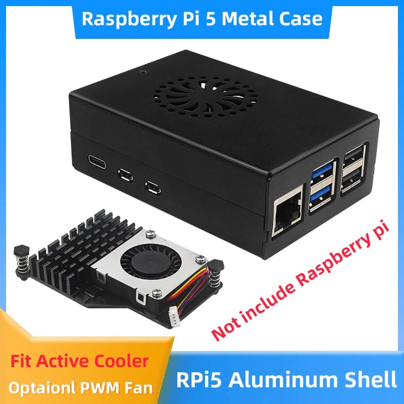 Raspberry Pi 5 Aluminum Alloy Case Black Metal Smooth Active Cooling Speed Optional PWN Fan Adjustable PD 27W Power Adapter for PI5