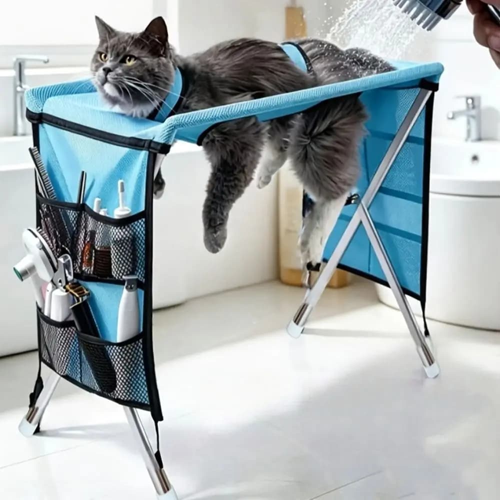 Folding Pet Grooming Hammock Anti-Scratch with Support Frame Pet Washing Station Sturdy Detachable Cat Bathing Rack Home Use