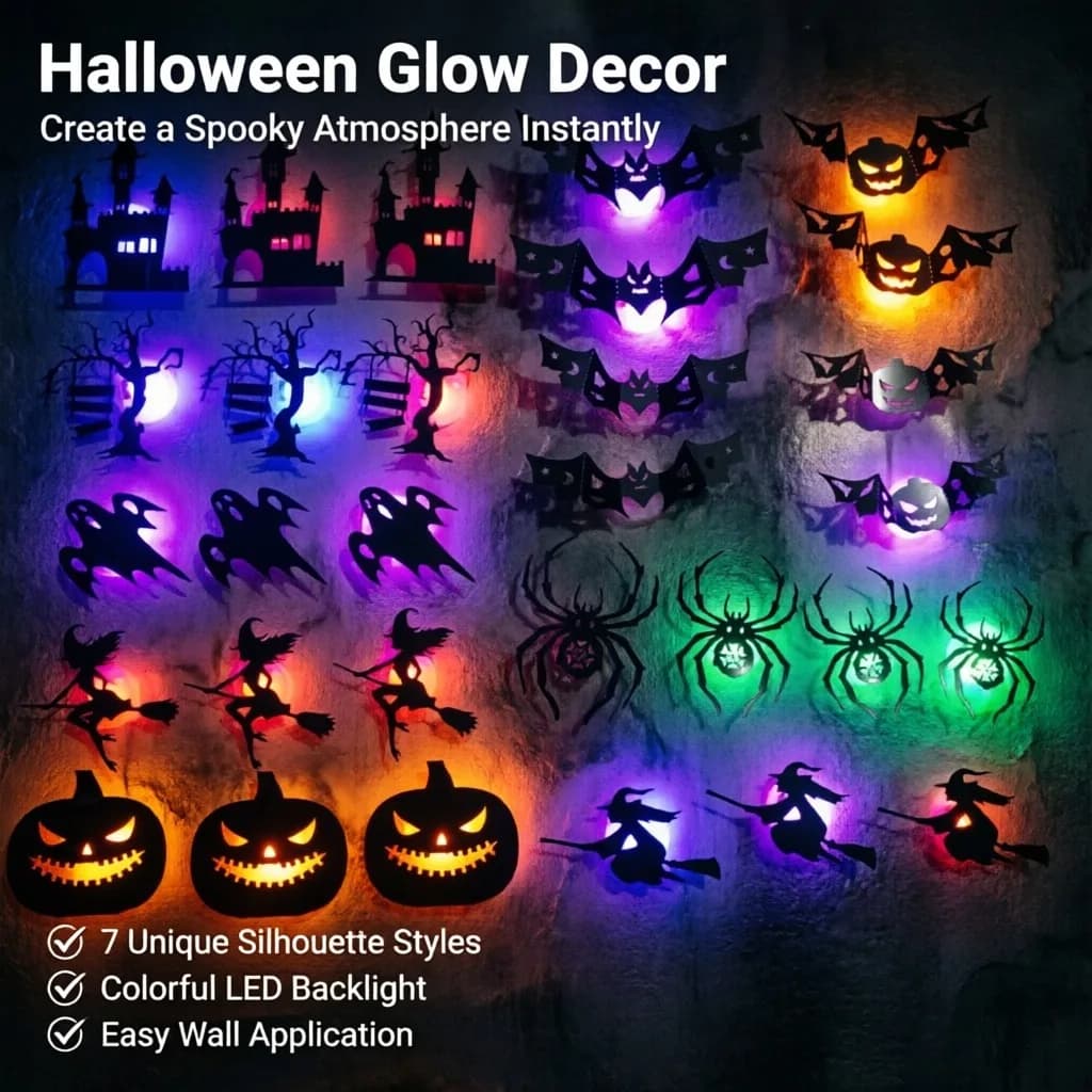 8pcs/set LED Halloween Wall Sticker 3D Hollow Night Light Bat Pumpkin, Spider Witch Castle Ghost Party Wall Decoration Ornament