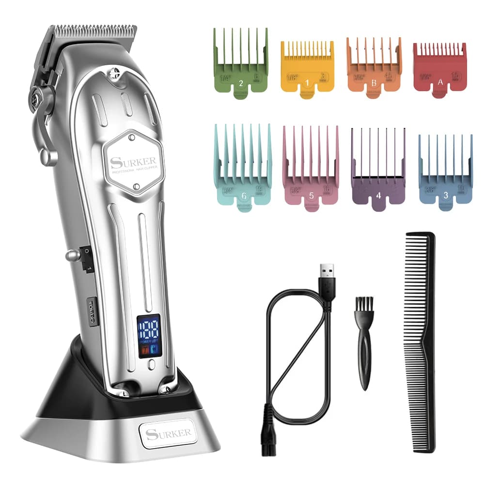 Surker Nuovo tagliacapelli elettrico con base in metallo Testa ad olio Display LCD ricaricabile Tagliacapelli Kit professionale per toelettatura da barbiere