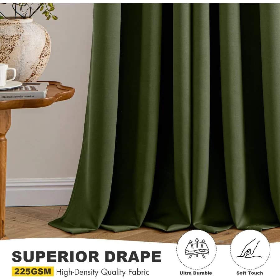 Tende Oscuranti Verde Oliva per Camera da Letto e Soggiorno, Lunghe 63 Pollici, 2 Pannelli, Isolamento Termico, Tende Oscuranti Solide