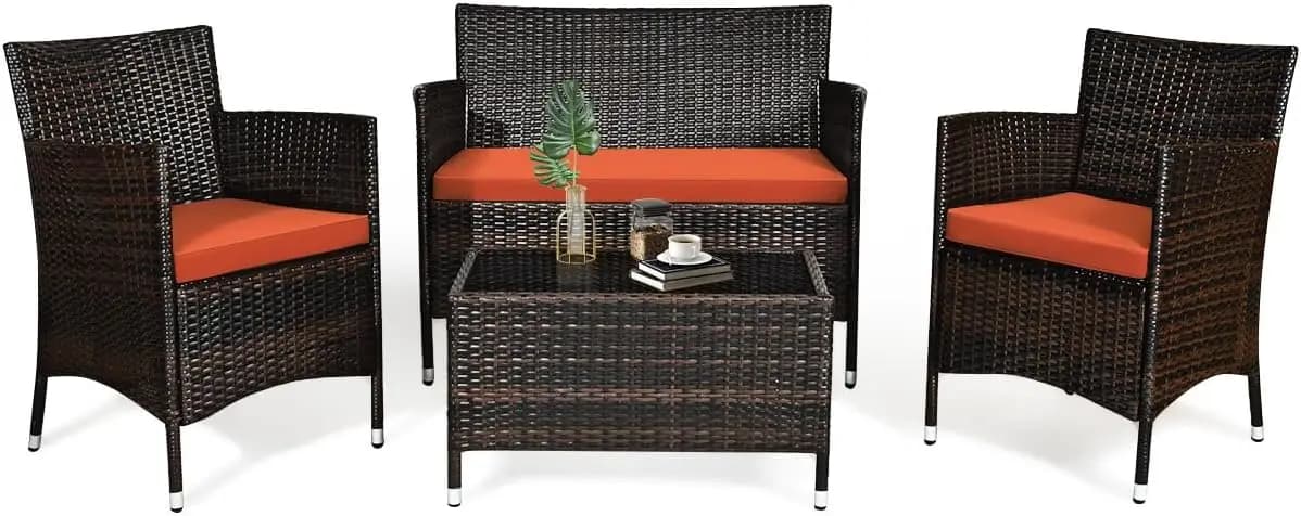4 Pieces Patio Rattan Conversation Set, Outdoor Wicker Furniture with Tempered Glass Coffee Table & Thick Cushion, Rattan Chair