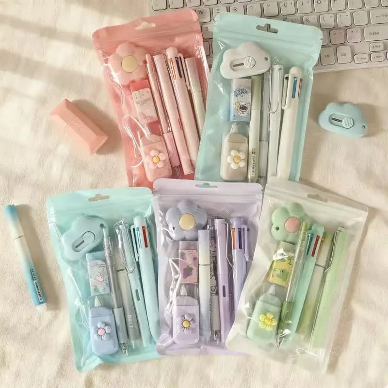 Set di Cancelleria Scolastica 7 Pezzi: Penna a Sfera, Penna Gel, Gomma, Correttore, X-Acto, Set Regalo Creativo per Bambini