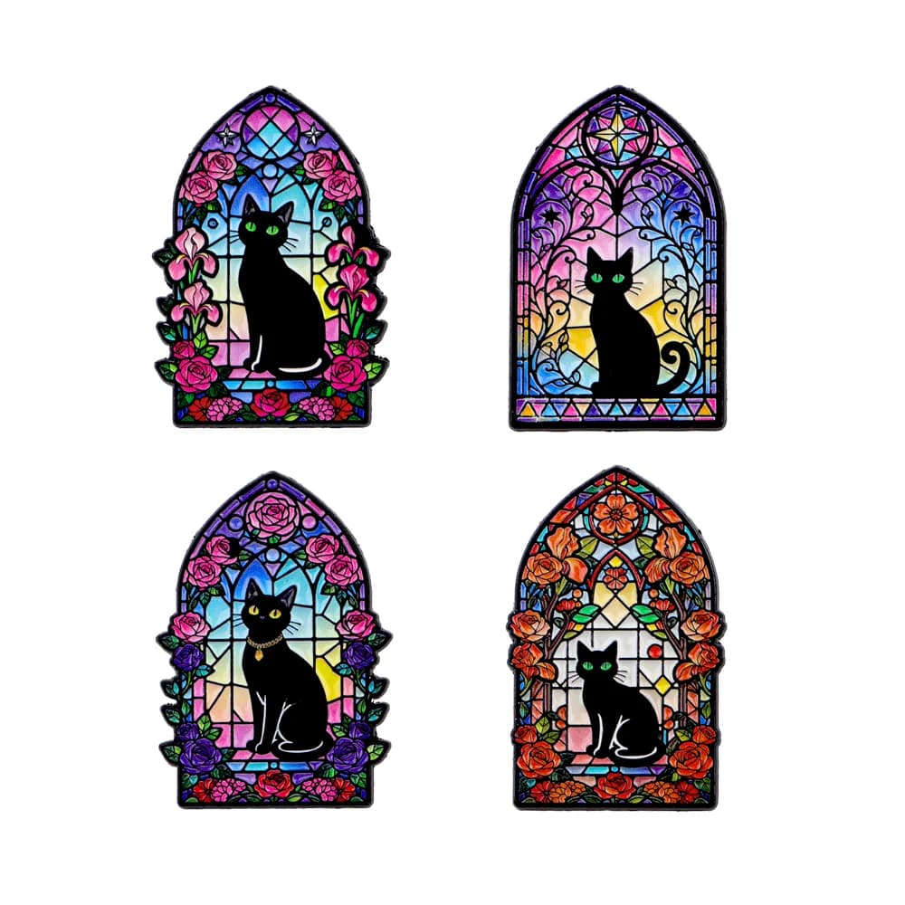 Finestra colorata Gatto nero Uomo Donna Spille Spille da bavero per zaino Spille in smalto morbido Distintivi Accessori per gioielli