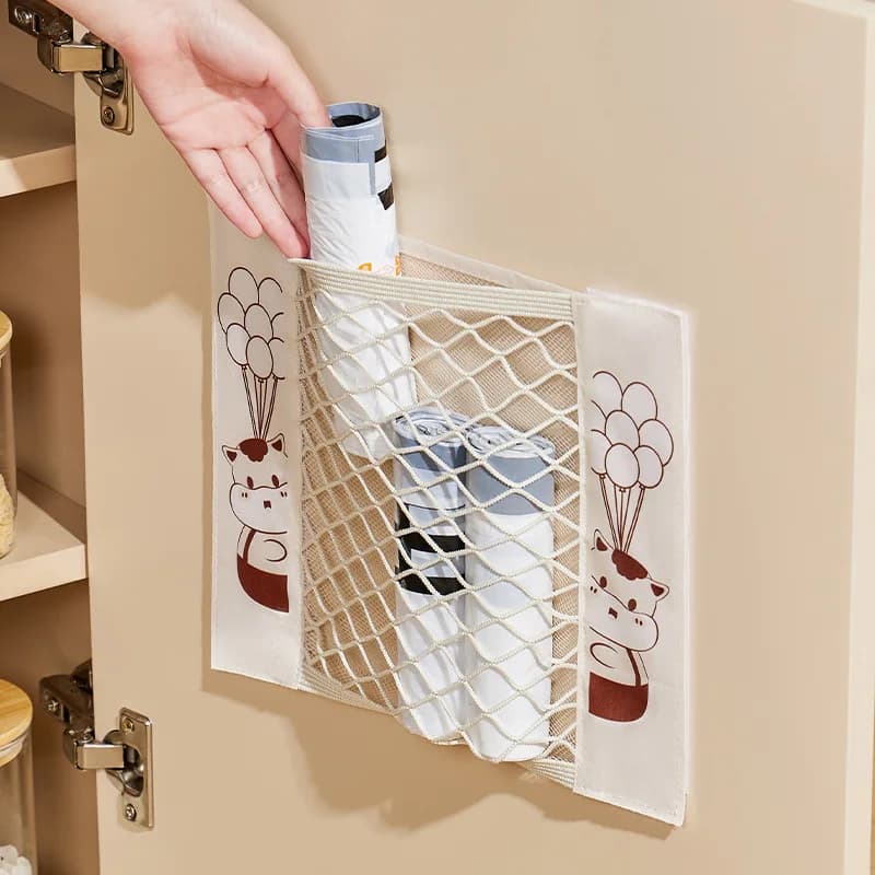 Borsa portaoggetti da cucina con tasca in rete in velcro, senza foratura, mensola da parete per uso domestico, porta sacchetti per la spazzatura in plastica