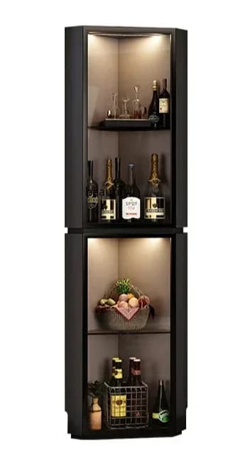 Mobiletto triangolare italiano per soggiorno, mobiletto contenitore per sala da pranzo con anta in vetro e lampada, mobiletto portabottiglie.