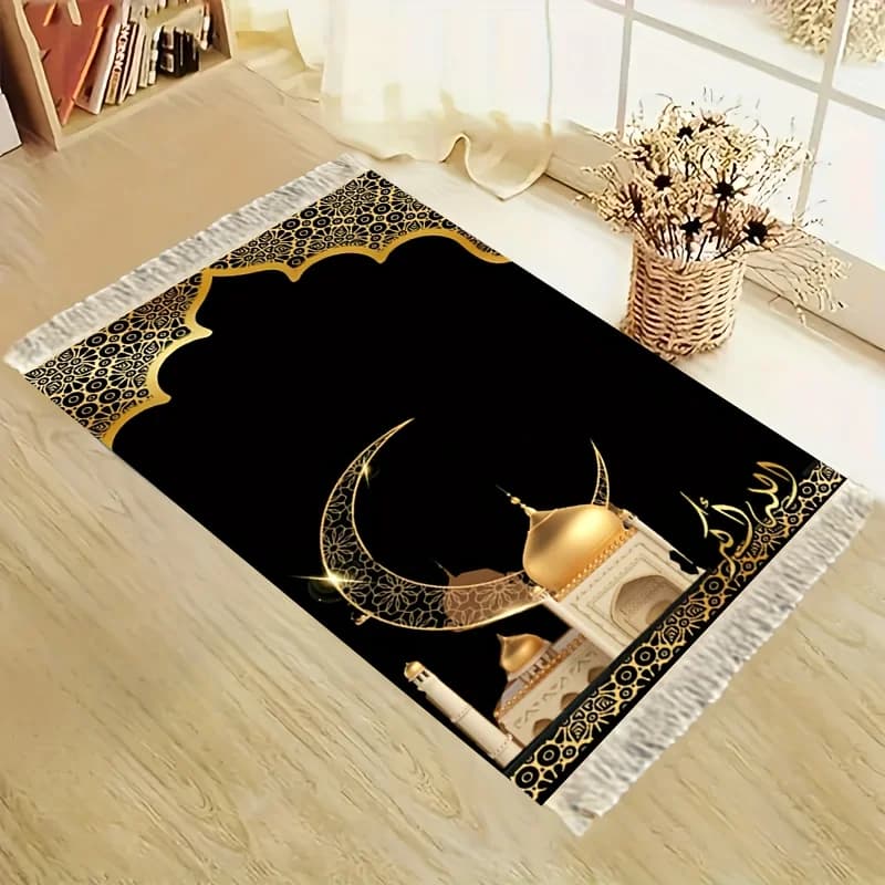 Tappeto da Preghiera VIKAMA Nero e Oro a Mezzaluna Dorata, Tappetino di Lusso per il Culto con Nappe Bianche, Tappeto Islamico per la Preghiera per Casa e Camera da Letto