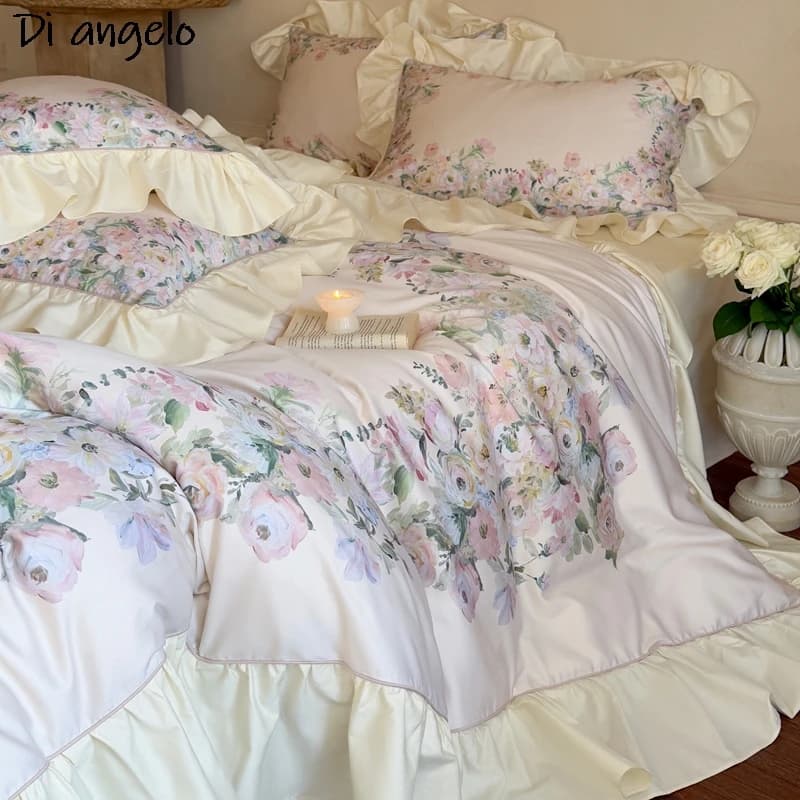 Luxury 600TC Egyptian Cotton Bedlinen Set With Pink Flower Embroidery RU Europa Queen King Bedcover Flat Bed Sheet # /L