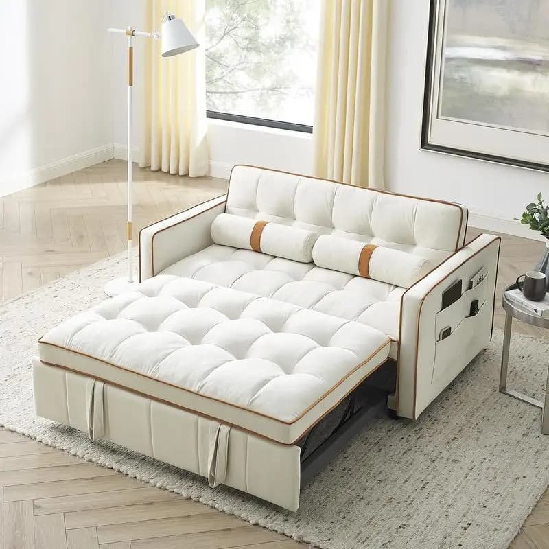 Divano letto moderno estraibile da 55,5 pollici, divanetto a 2 posti con tasche laterali, schienale regolabile e cuscini lombari per