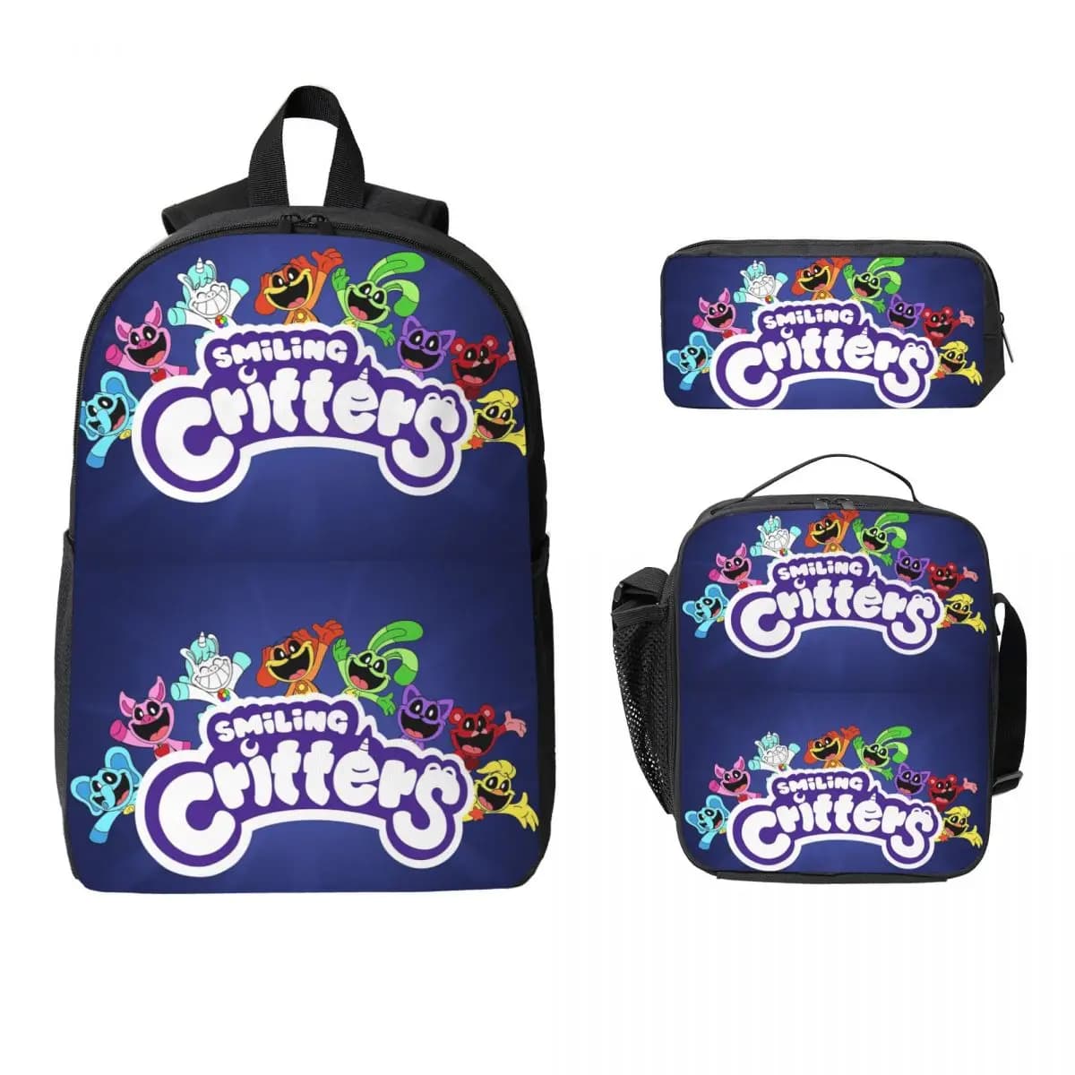 Sorridenti Critters Gioco di cartoni animati Zaino Ragazzi Ragazze BookBag Borsa da scuola Borse a tracolla per computer Borsa da pranzo isolata 3ps Astuccio