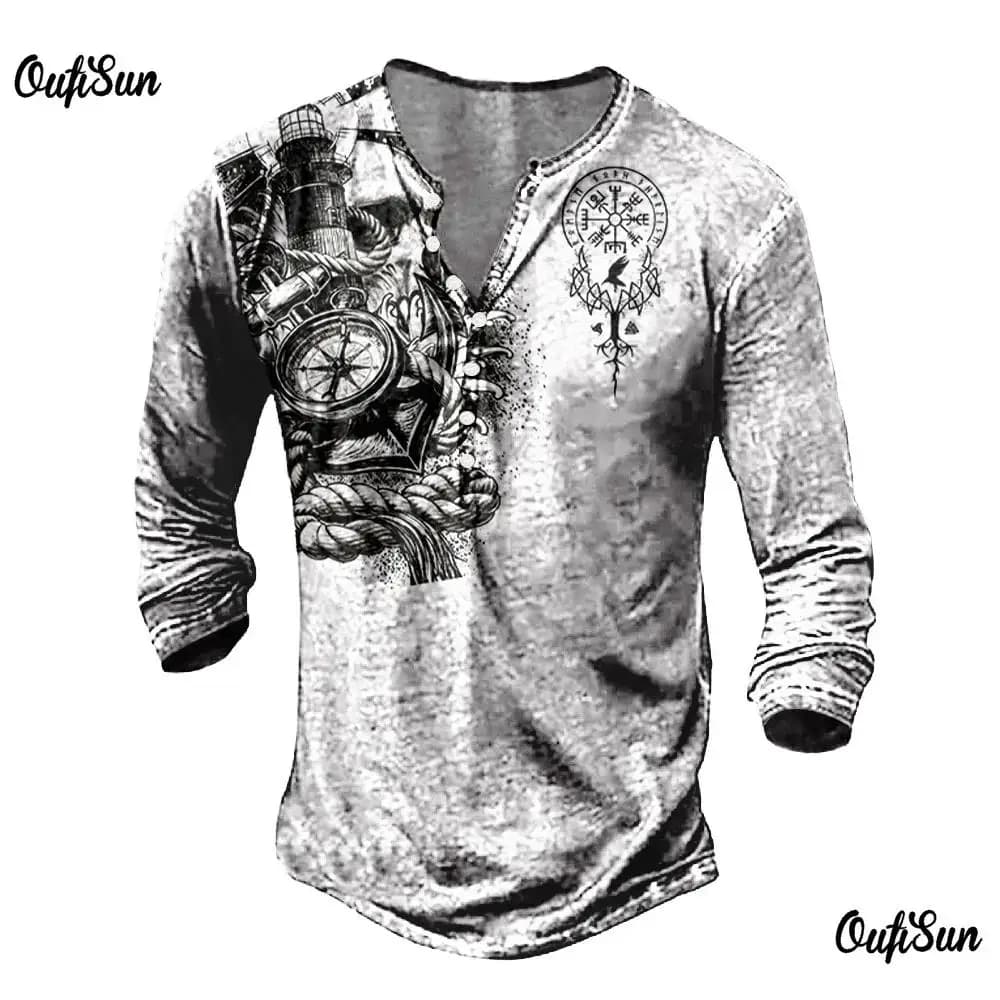2026 T-shirt da uomo vintage in cotone Camicie Henley T-shirt grafiche in tinta unita Stampa 3D T-shirt a maniche lunghe Abbigliamento oversize Top
