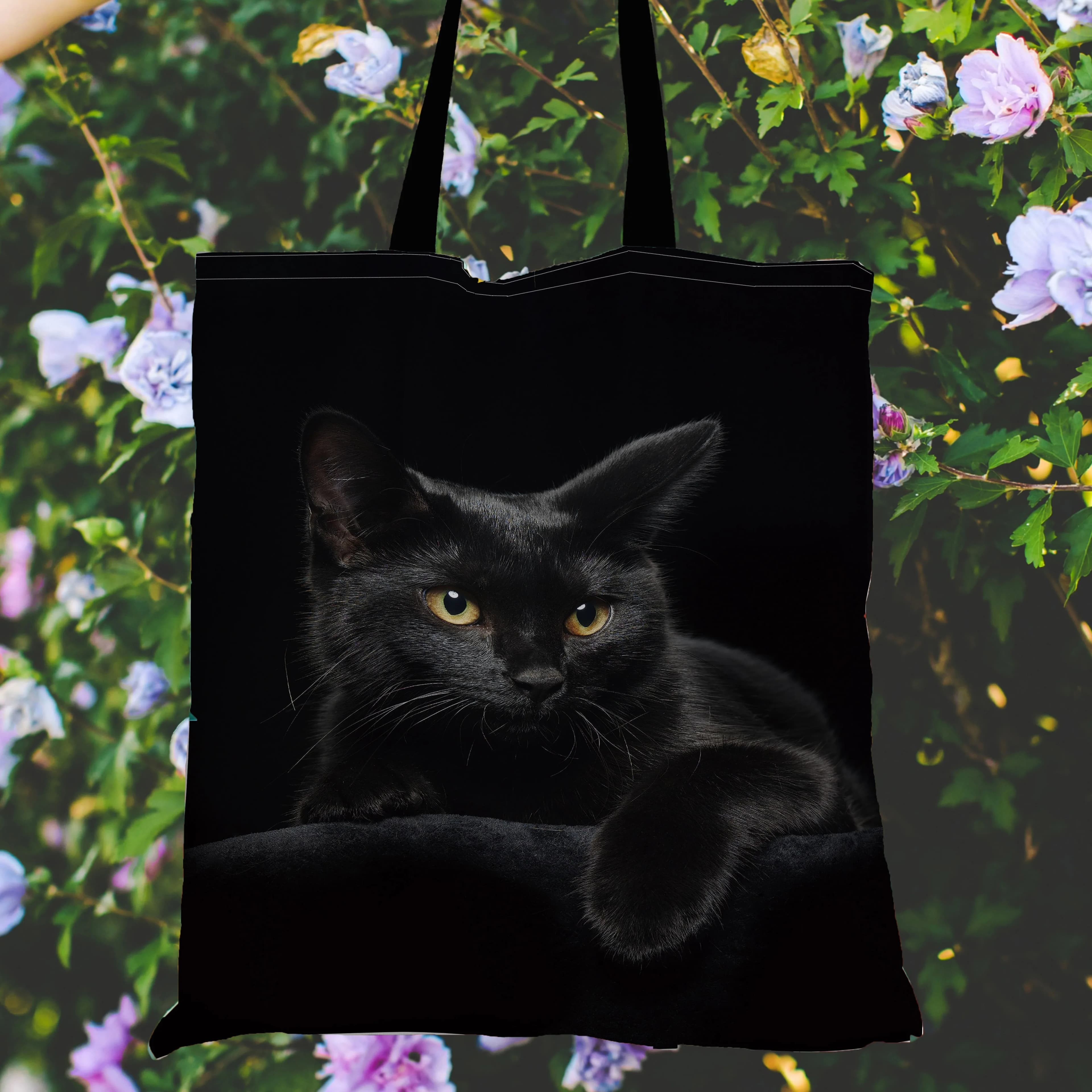 Borsa a mano con gatto nero vibrante Borsa tote da donna Borse shopper a tracolla in tessuto di lino per le donne Borse per la spesa riutilizzabili pieghevoli ecologiche