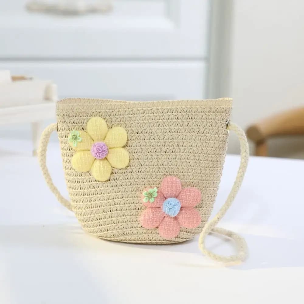 Borsa a tracolla in paglia intrecciata fatta a mano per bambina, con cerniera, portamonete, accessorio fotografico, cestino portaoggetti