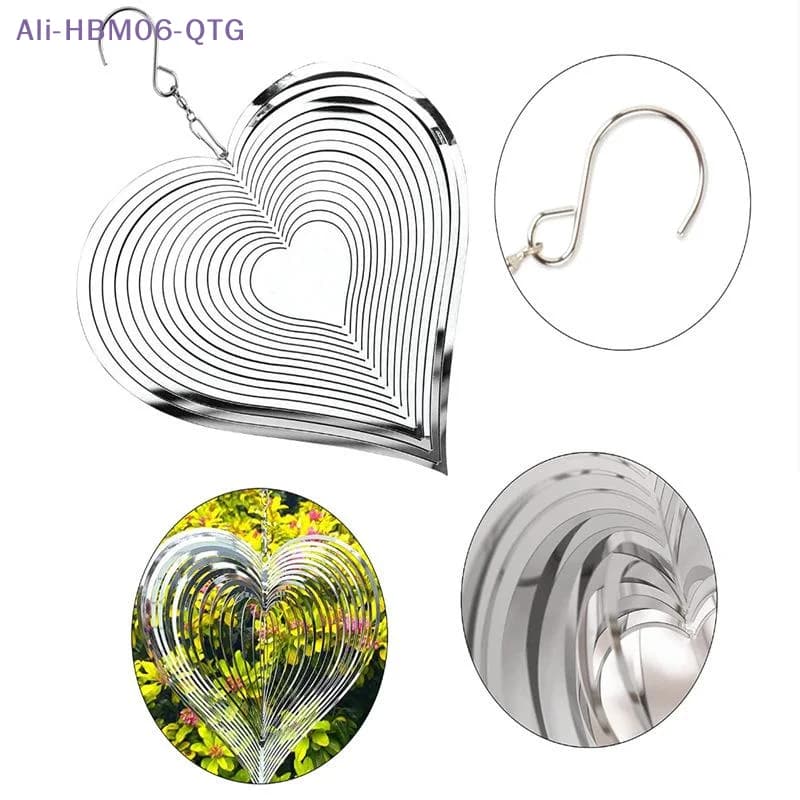 [New] Stainless Steel Reflective Bird Repellent With Hook 3D Rotating Heart Wind Chime Bird Deterrent Farm Garden Hanging Decor