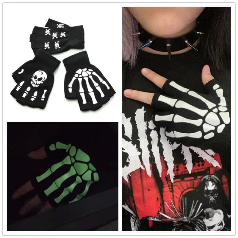2/6 paia di guanti unisex con teschio di Halloween, luminosi e che si illuminano al buio, guanti a mezza dita con scheletro, guanti elasticizzati antiscivolo per il polso