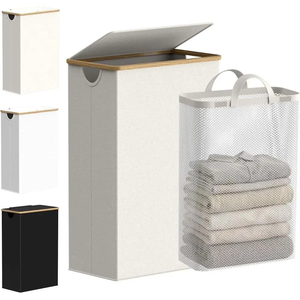 Slim Laundry Basket with Lid, Narrow Hamper with Removable Bag, Skinny Clothes Basket with Bamboo Handles for Bathroom, Bedroom