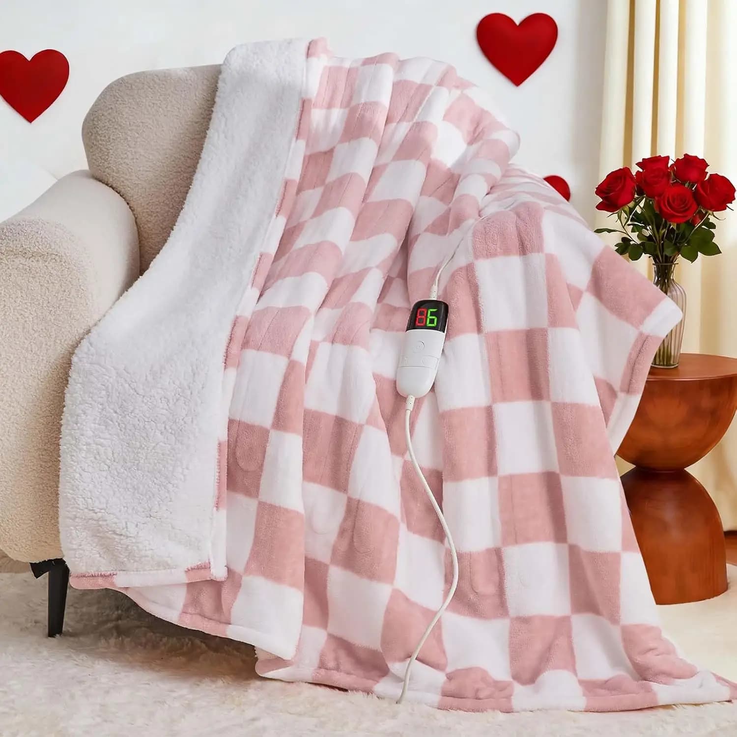 Coperta Elettrica Riscaldata Rosa Chiaro 50x60 con 10 Livelli di Calore, Spegnimento Automatico, Morbida in Sherpa per Divano e Uso sulle Gambe