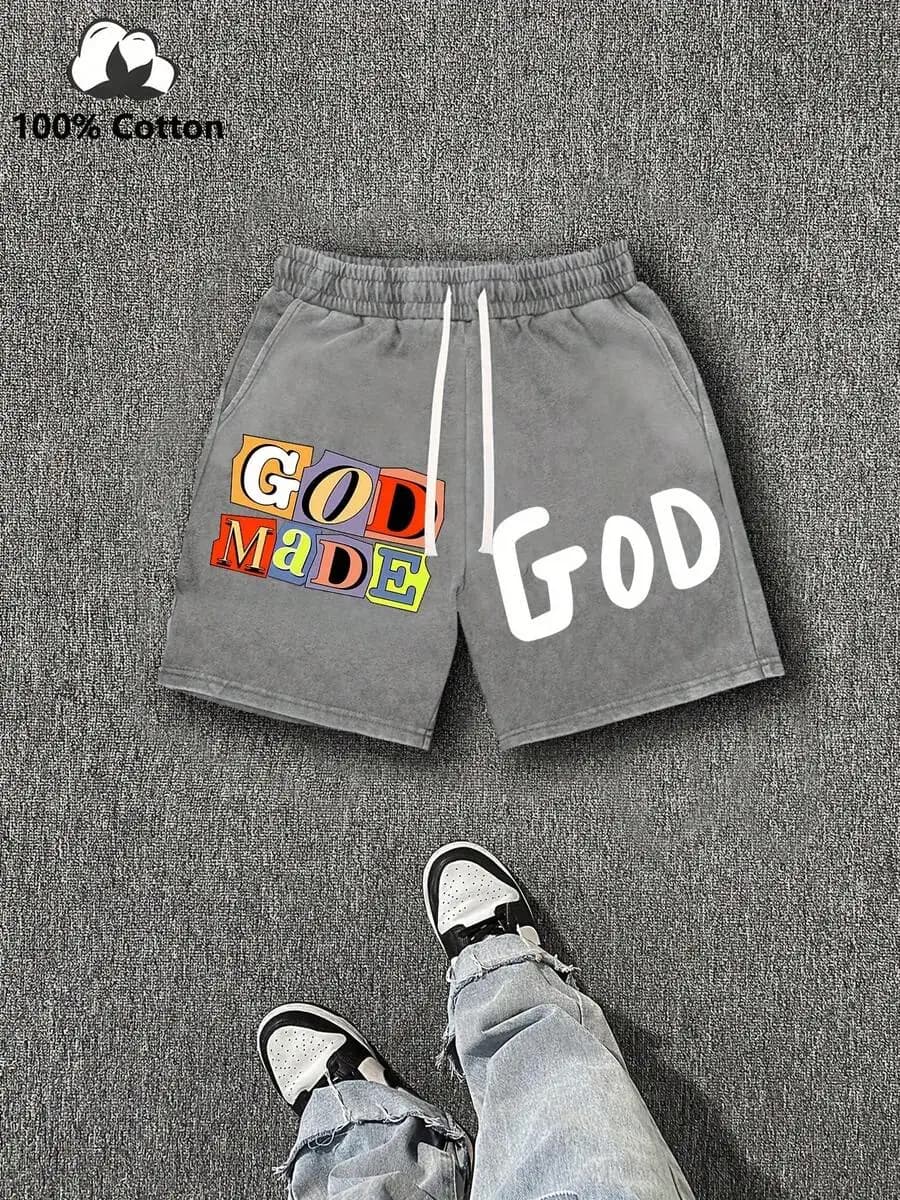 Mens Vintage Washed Cotton Shorts With Graphic Print Loose Fit Casual Shorts