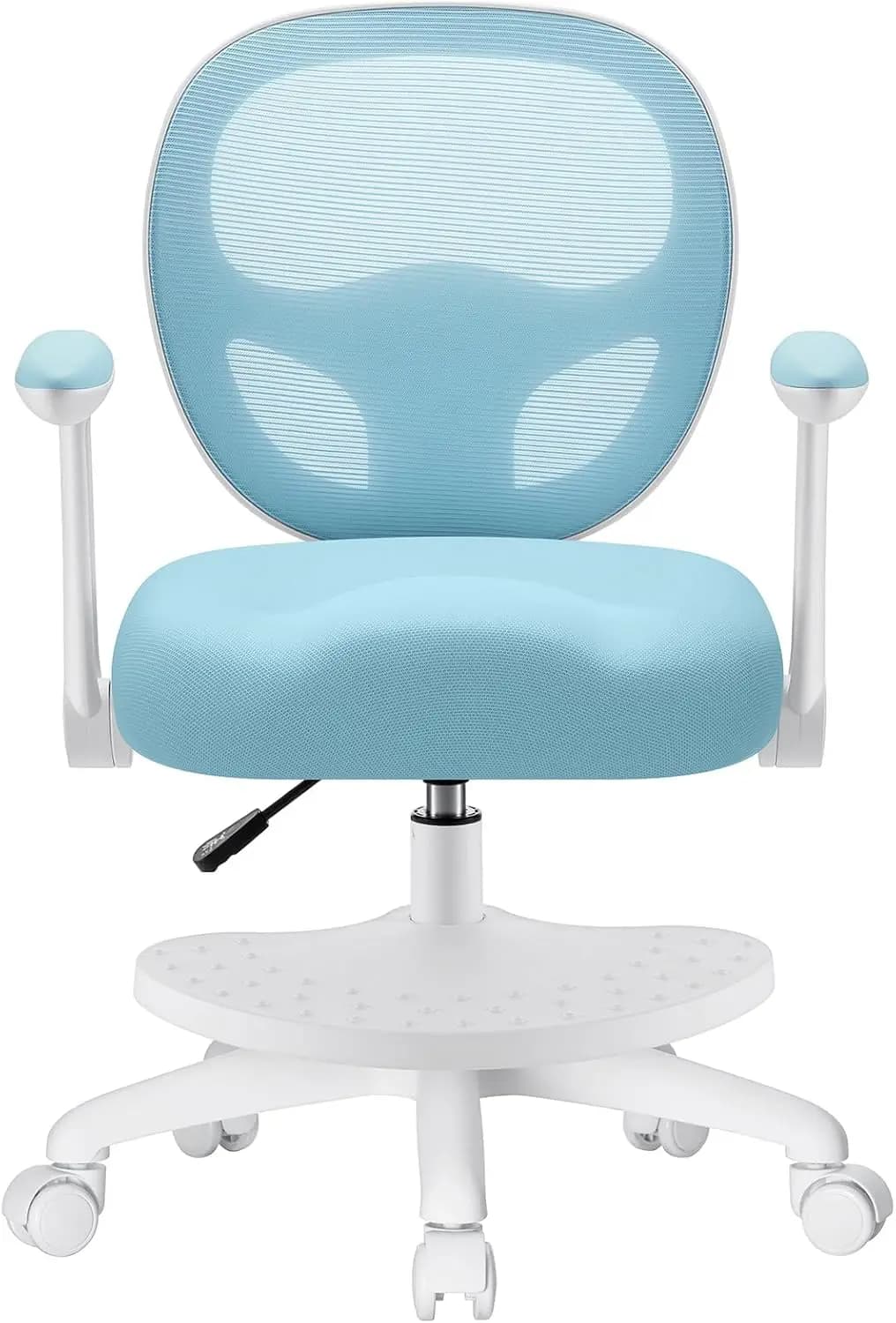 Sedia da studio ergonomica per bambini con braccioli ribaltabili, altezza regolabile e poggiapiedi, design girevole in rete per bambini