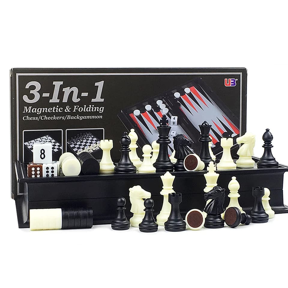 Scacchi internazionali 3 in 1 Set di scacchi e dama e backgammon Gioco di scacchi in plastica da viaggio Pezzi degli scacchi Scacchiera pieghevole Regalo