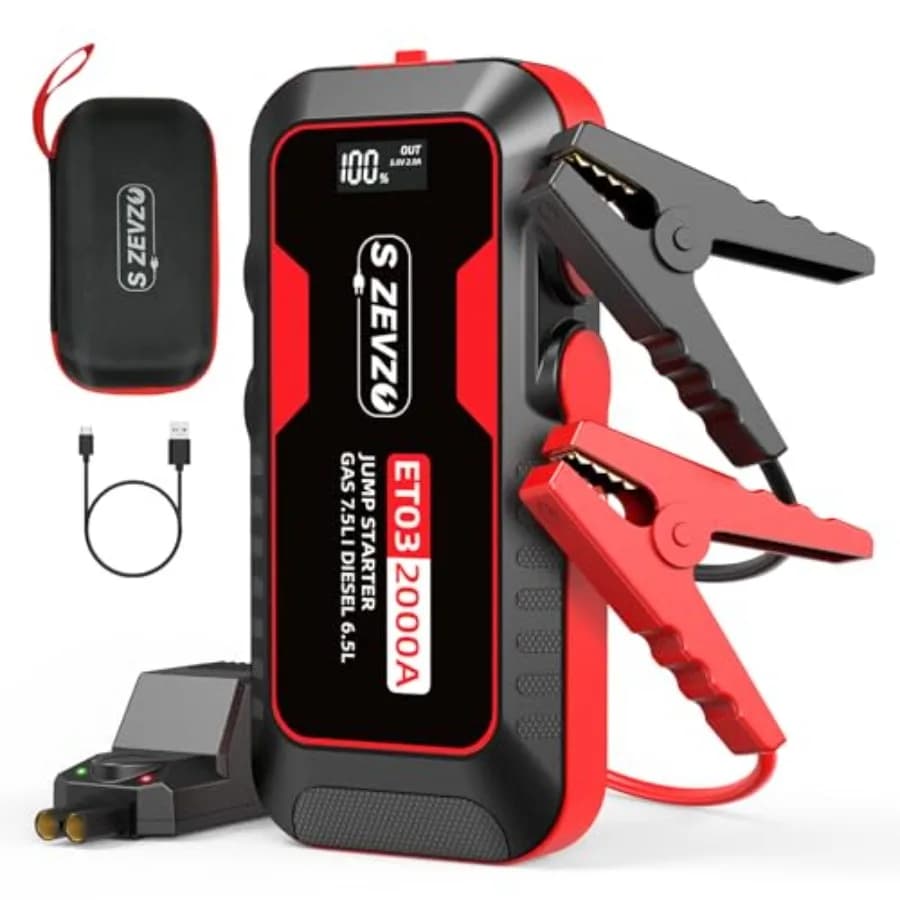 Avviatore di Emergenza per Auto 2000A, Batteria Portatile per Motori a Benzina fino a 7.5L e Diesel fino a 6.5L, 59.2Wh, 12V con Cavo USB