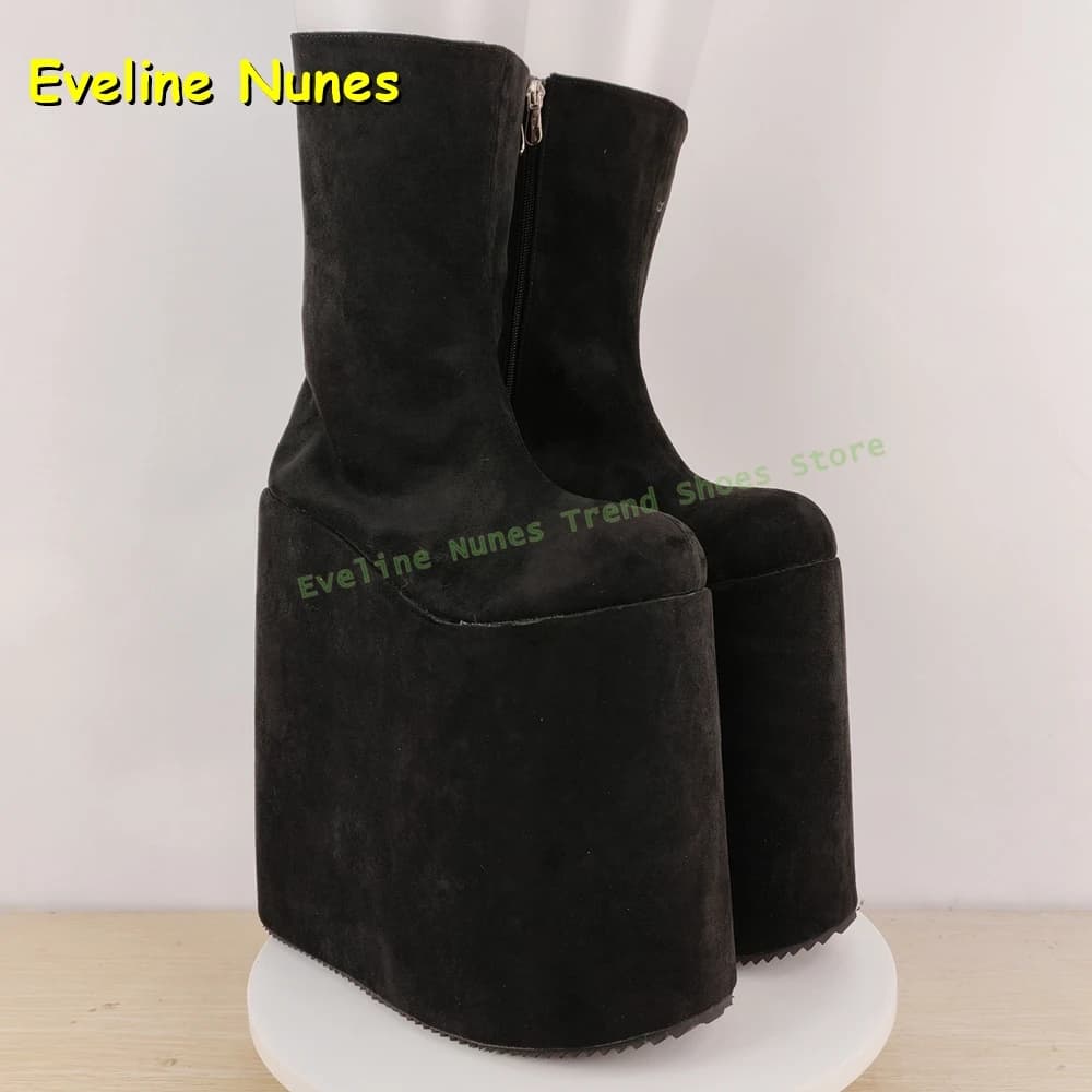 Black Faux Suede Mid-Calf Boots Round Toe Height Increase Solid Pull On Punk Cosplay Y2K Cool Dark Style Knee High Boots Summer
