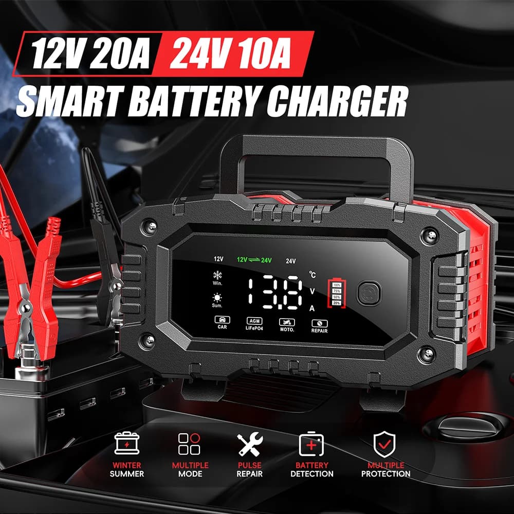 FOXSUR 20A/10A Caricabatteria per auto moto 12V/24V Caricabatterie intelligente al litio AGM GEL Caricabatterie al piombo-acido LiFePO4 1 set
