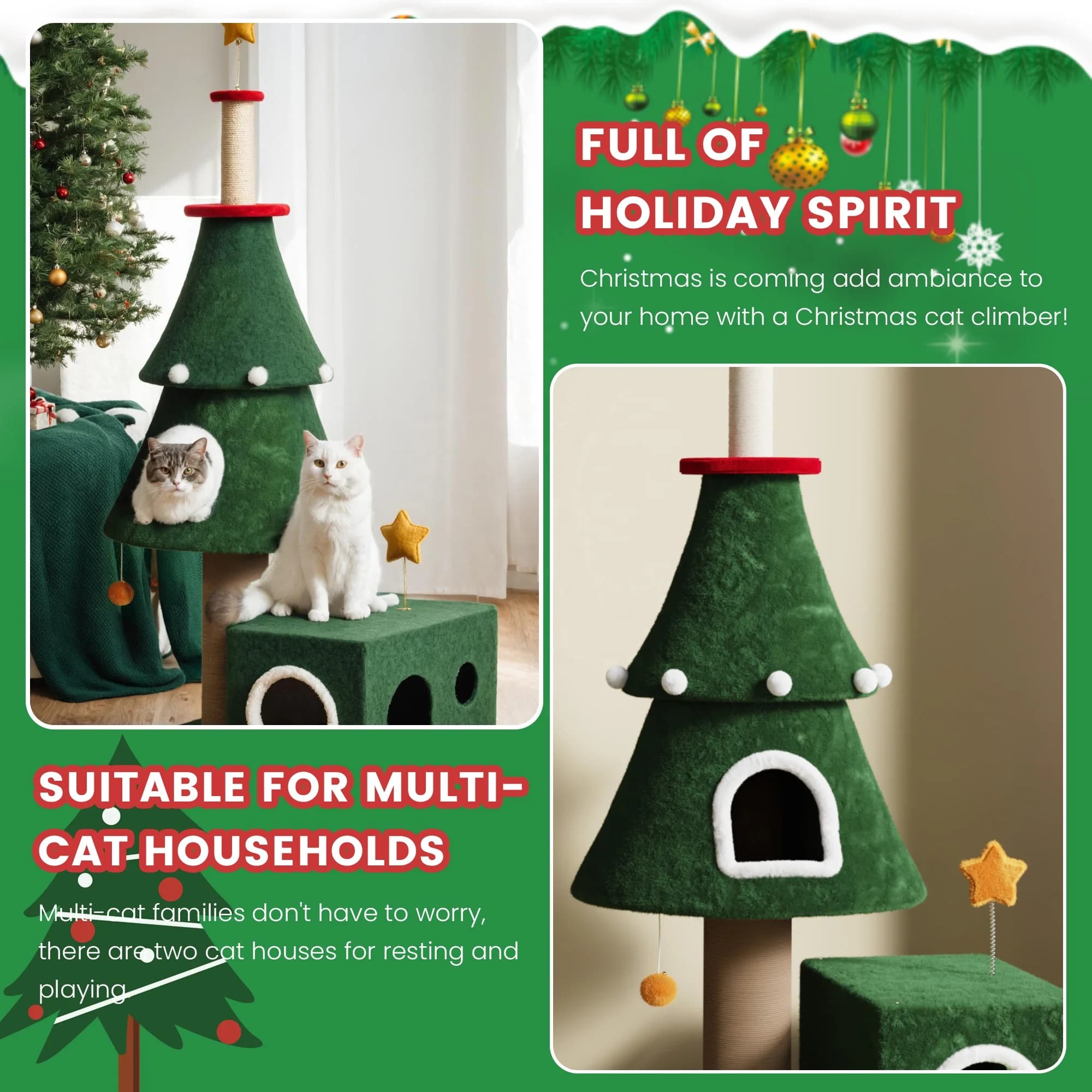 Torre per albero di gatto in peluche verde di lusso personalizzato - Casetta per gatti moderna in stile albero di Natale alto all'ingrosso