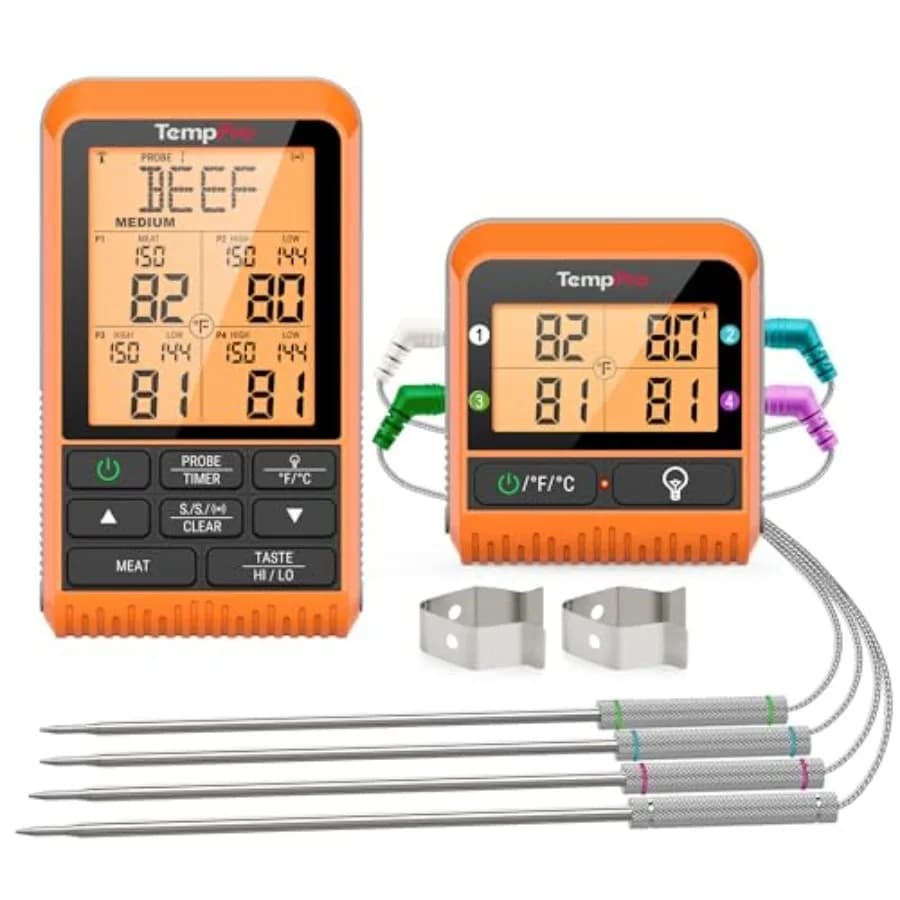 Termometro Digitale Wireless TP829 da 300 Metri per Carne, Grigliate e Affumicatura, con 4 Sonde per Carne, Termometro per Barbecue da Esterno