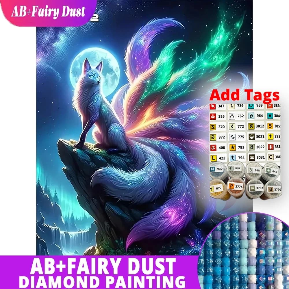 AB Fairy Dust 5D DIY Diamond Painting Fox Animal Picture Rhinestones Diamond Mosaic Moon Suitable for Beginners Decor for Home