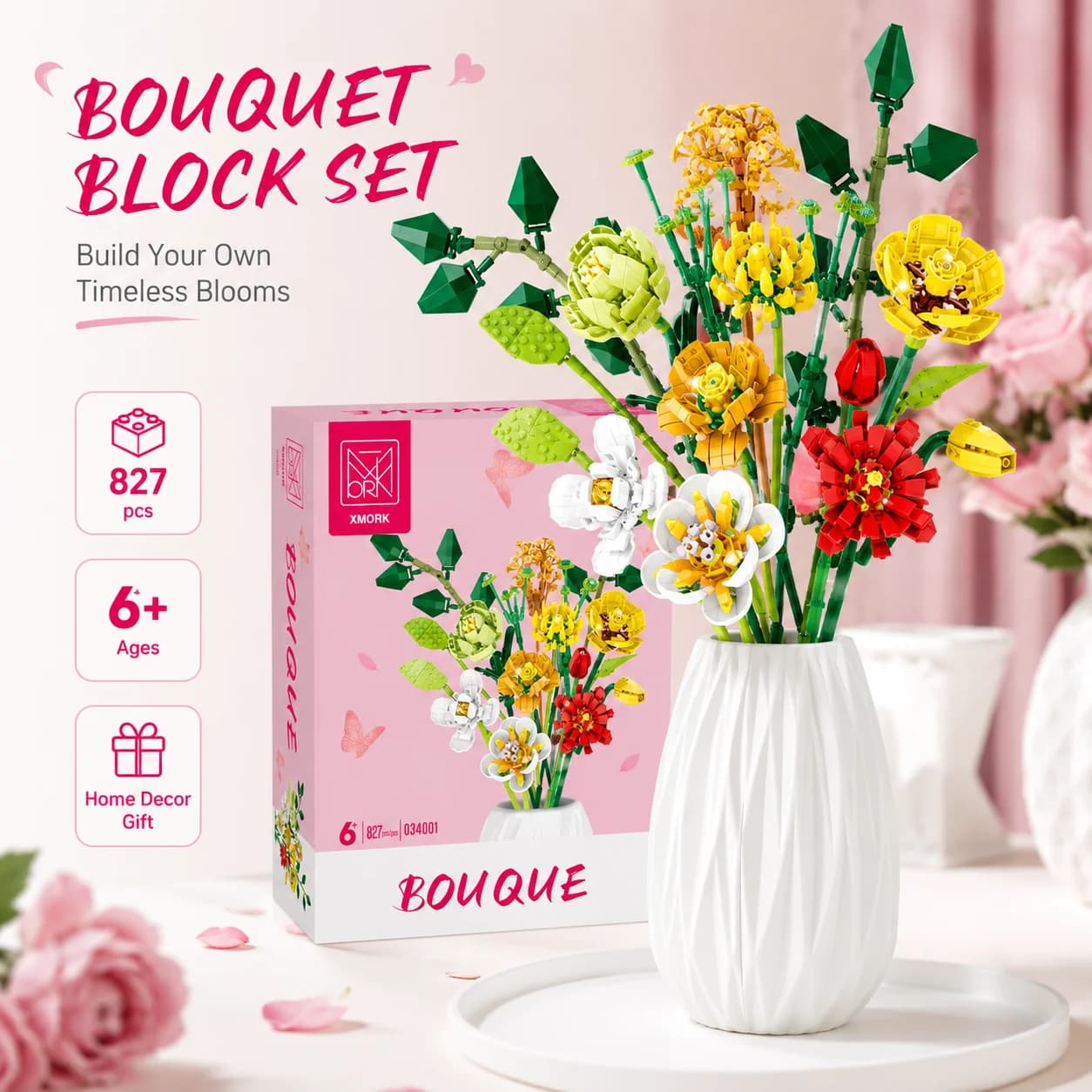 Set di Blocchi da Costruzione a Forma di Bouquet di Fiori, 827 Pezzi, Kit Modello di Composizione Floreale in Vaso, Decorazione per la Casa, Giocattolo Regalo, Versione Inglese