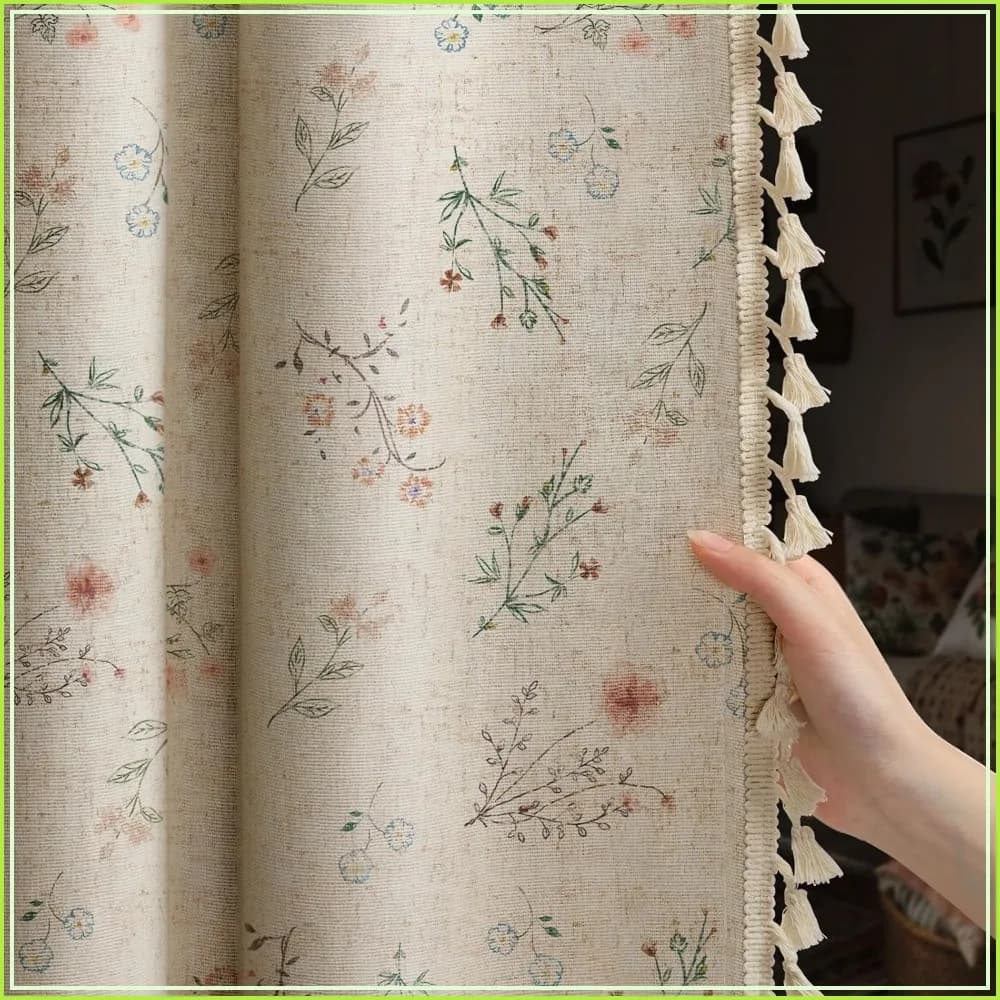 Boho Floral 100% Blackout Curtains 84" Length 2 Panels Set, Linen Texture Farmhouse Beige Tassel for Living Room Vintage Rustic Rod Pocket